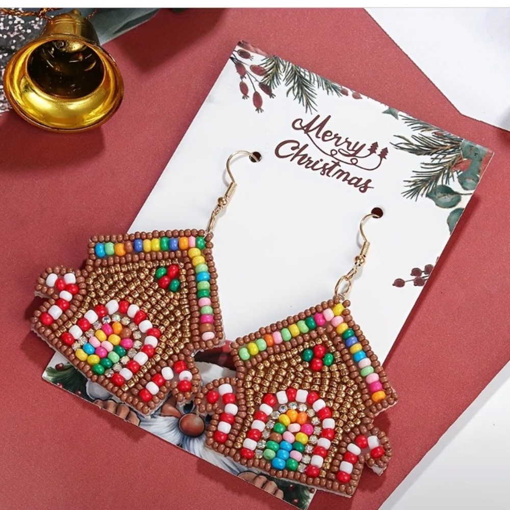 Gingerbread House Seed Bead Dangle Earrings